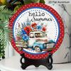 2D Flat, 1pc Round "Hello Summer" 4th of July Aluminum Hanging Sign, Vintage Truck Flower Patriotic Design, Rustic Farmhouse Metal Wall Decor