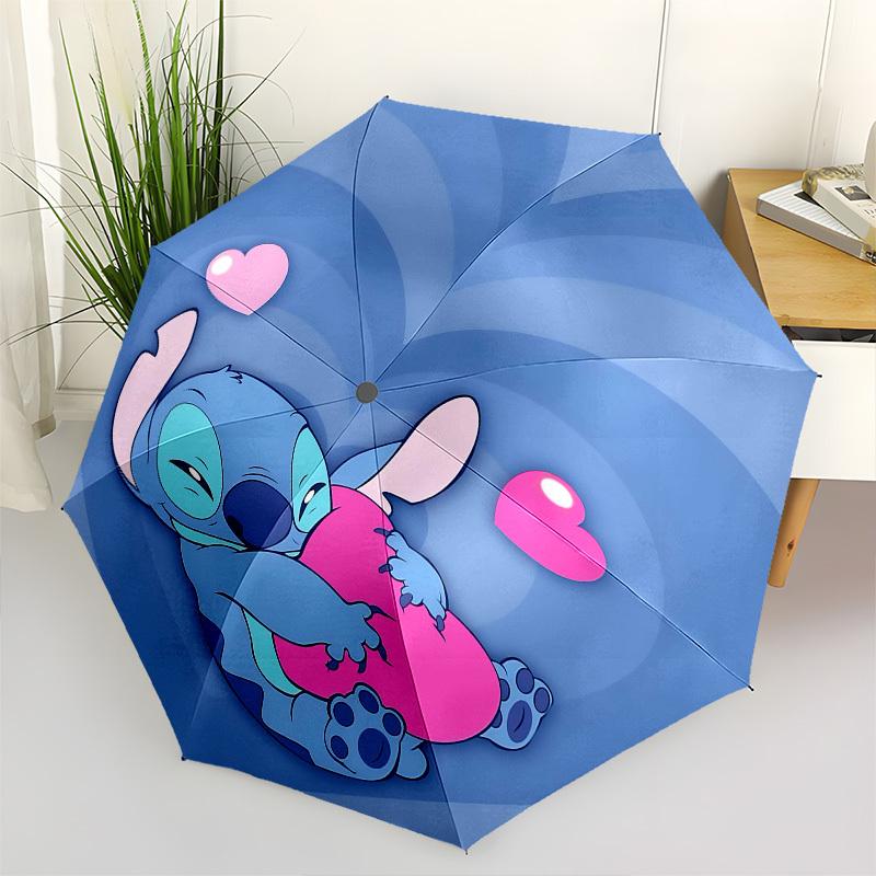 Stitch, Hearts Themed Automatic Opening and Closing Umbrella, Brightly Colored 8-rib Portable Umbrella, Suitable for Men and Women, A Perfect Gift for