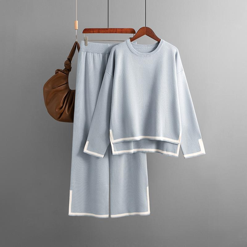 Осенне-зимний женский вязаный свитер, комплект, темпераментный цветной коллизион, топ с длинными рукавами и высокой талией, широкие брюки, две части