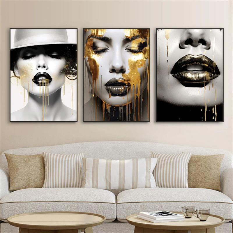 Abstract Woman Face Wallart Poster Girl Wall Art Portrait Gold Face Woman Art Print Living Decor Canvas Painting Modern Home Art