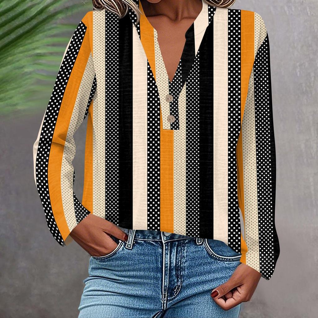 Women's Fashionable And Casual Shirt Long Sleeve V-neck Button Printed Blouse Top