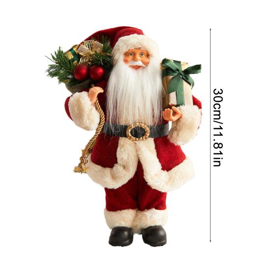 12" Christmas Santa Figurines Standing Santa Claus Doll with Present Box for Holiday Party Window Home Desktop Decoration