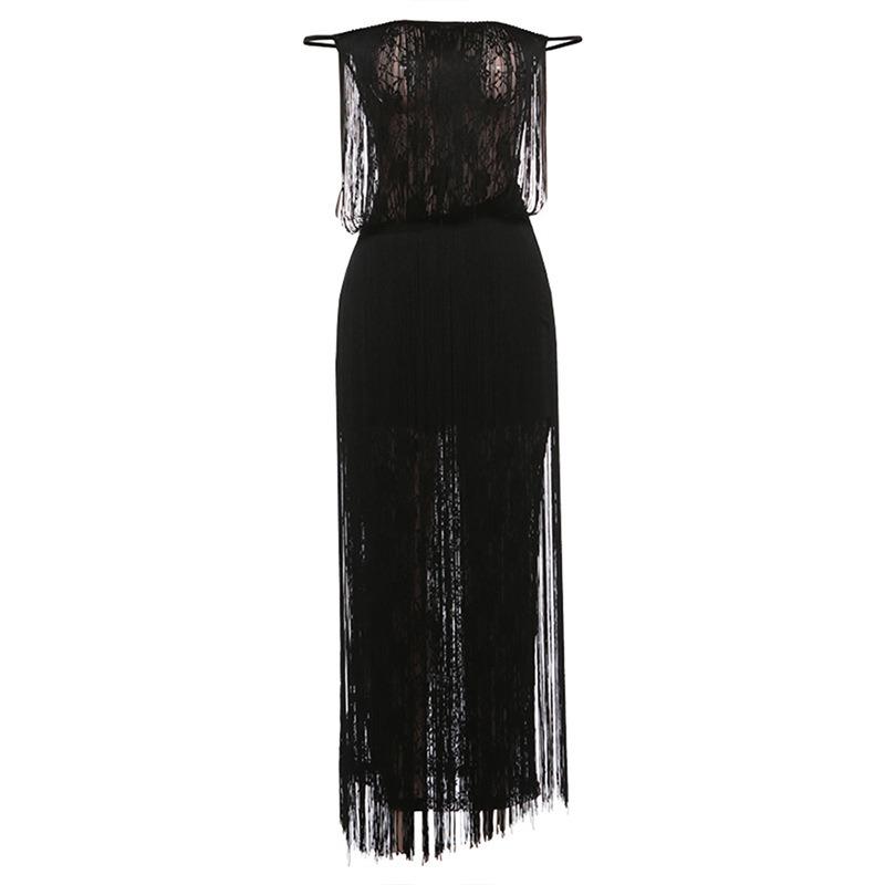 Summer New Sexy Lace Perspective One-word Shoulder High Waist Halter Dress for Women