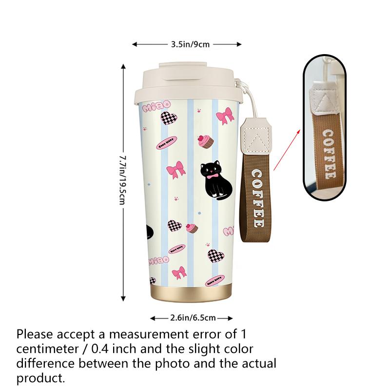 532ml Coffee Mug Black Cat Bow Cake Element Lanyard Insulated Cup Leakproof Coffee Cup Beach Cup Lightweight Cup Hot Cold Cup