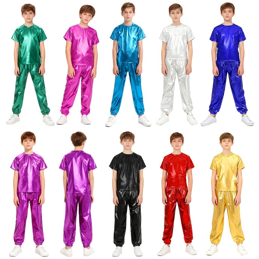 Унисекс Детский костюм для танцевальной вечеринки, футболка с коротким рукавом и круглым вырезом, металлическая блестящая, и брюки, набор для выступлений