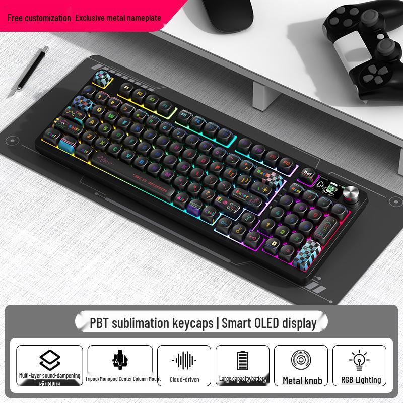 98-клавишная RGB беспроводная Bluetooth механическая клавиатура с тройным режимом - Игровая, для киберспорта и офиса, с настраиваемым экраном