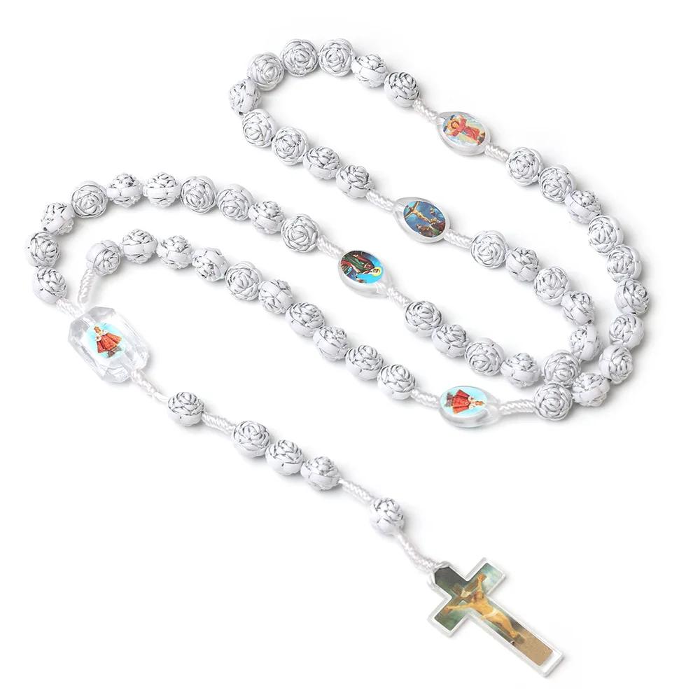 Religion White Rosary Necklace For Women INRI Crucifix Cross Pendant Rose Beads Chain Necklace Female Prayer Jewelry