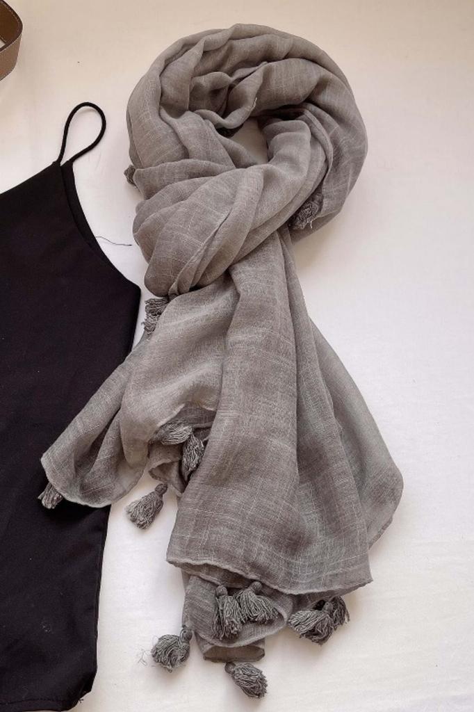 Gray Scarf with Fringes - 180X90 , Cotton with Polyester