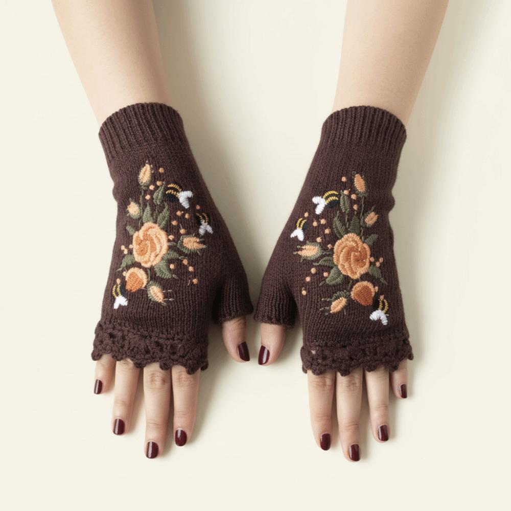 Vintage Winter Wool Gloves Bee Crochet Flower Mittens Cute Embroidery Knitted Gloves Outdoor