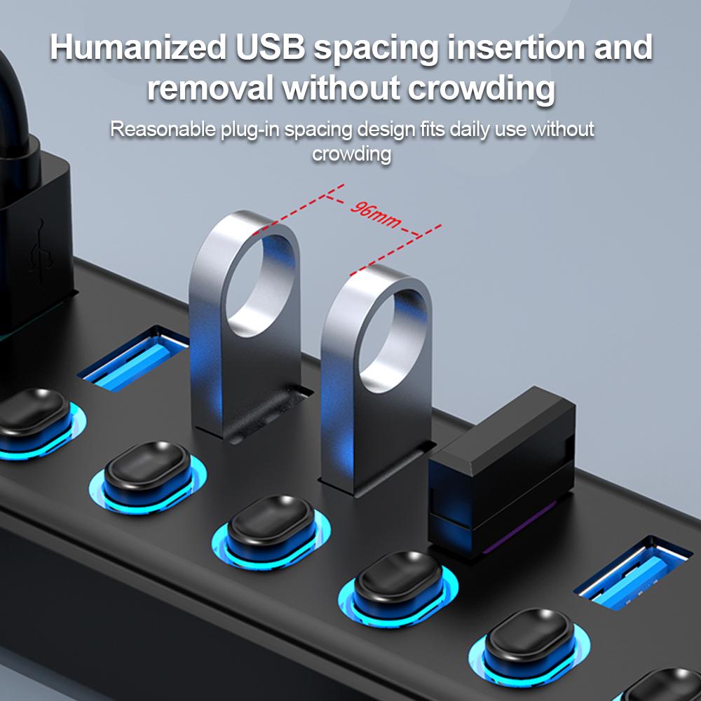 KEBIDUMEI USB-хаб на 7 портов USB 3.0, разветвитель 5 Гбит/с с индивидуальными переключателями, адаптер питания для ноутбука, расширитель USB-портов, USB-C док-станция