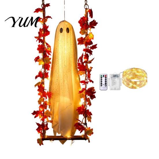Decorative Festival Ghost Items Light Up Hanging Swinging Halloween Decoration with Remote Control, Large White Spooky Outdoor Yard Decor Ornament