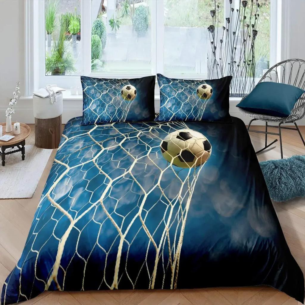 Футбольный комплект пододеяльников с рисунком футбольного мяча Комплект постельного белья с спортивной тематикой Микрофибра Цветной гранж-стиль Двуспальное одеяло King