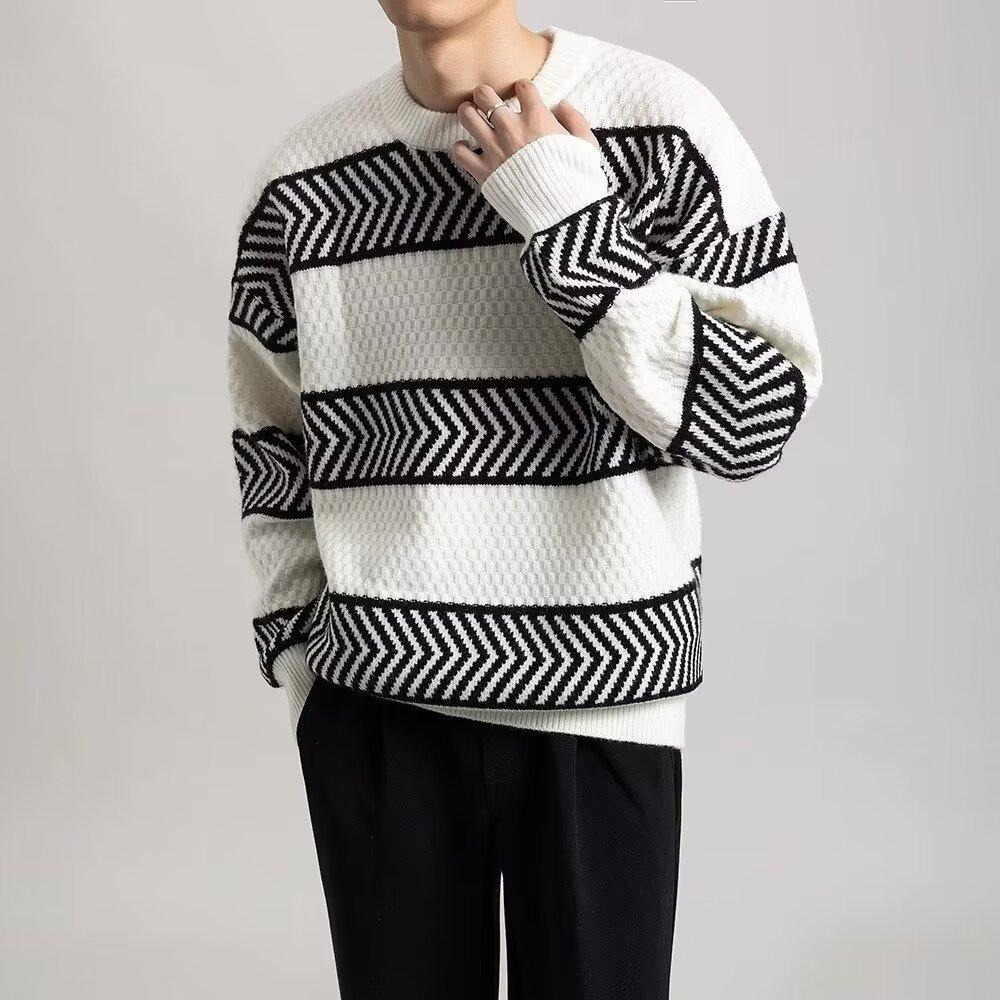 Autumn and Winter New Round Neck Sweater Men's Clothing Casual Sweater Loose Stripe Trendy Cotton Knitwear