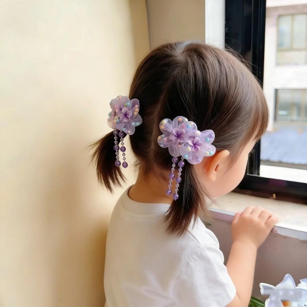 Flower Shaped Hair Ropes Pink Purple Elastic Rubber Bands Sweet Bead Pendant Tassel For Girls