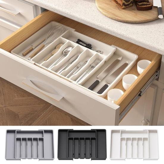 Expandable Utensil Tray Thickened 8 Compartments Easy Sorting Adjustable Width Countertop Organization Tray