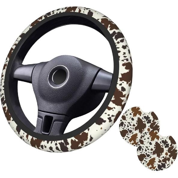 Brown Western Cow Print Steering Wheel Cover for Women Men with 2 Pcs Car Coasters, 15 Inches Neoprene Anti-Slip Cute Universal Car Accessories