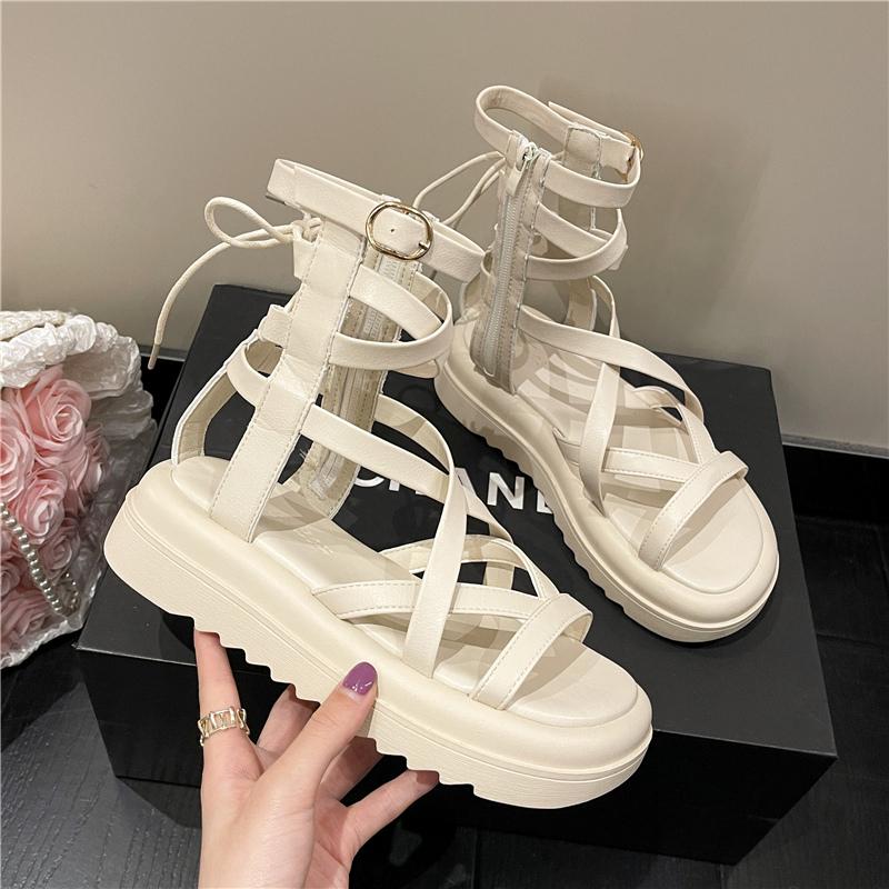 Женские сандалии на платформе, 2024 г., женские римские сандалии, модная повседневная обувь, модные сандалии с боковой молнией, летние высокие сапоги с вырезом