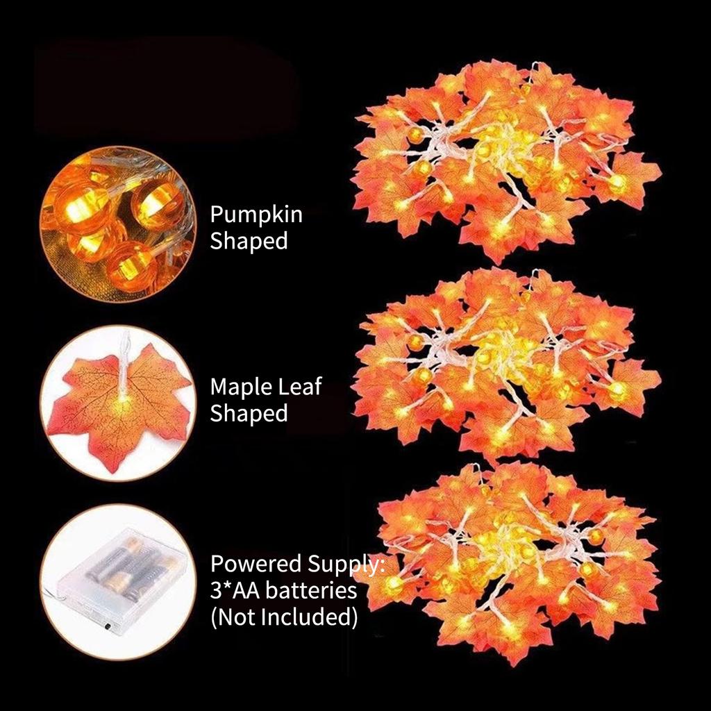 33FT 80LEDs Halloween Fairy String Lights Pumpkin Maple Leaf Shaped Decorative Hanging Lights Warm White Waterproof Battery Operated Lighting