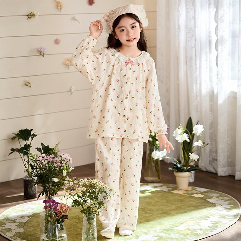 Cute Cartoon Cotton Gauze Pajama Set Girls Long Sleeve Sleepwear Kids Home Wear