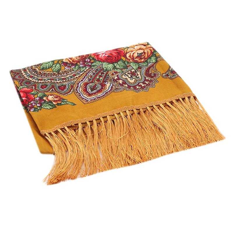 Women's Vintage Floral Print Shawl - Square Ethnic Scarf With Four-Sided Tassels For Travel & Dust Protection