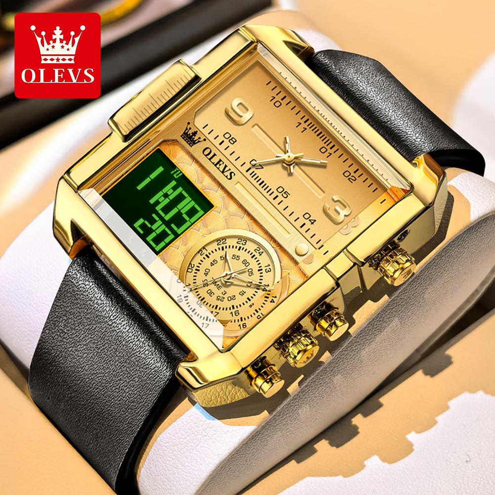 OLEVS 1101 Men's Watch Square Multifunctional Dial Brown Leather Strap Waterproof Wristwatch Man
