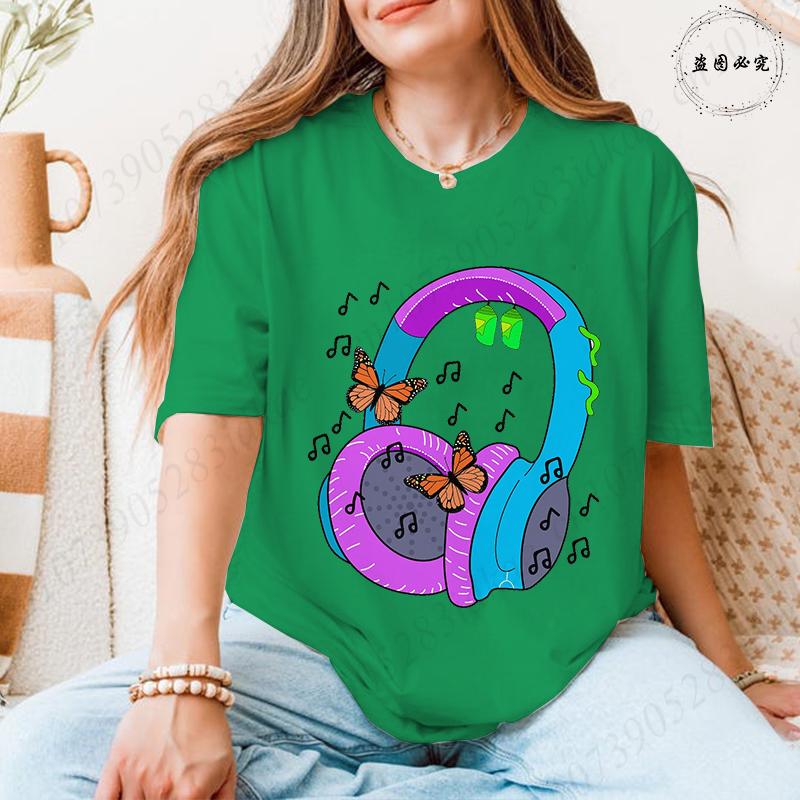 Womens Cute Headphone Butterfly Music Graphic Tshirts Colorful Pattern O Neck Short Sleeve 2026 Casual Female Daily Wear Tees