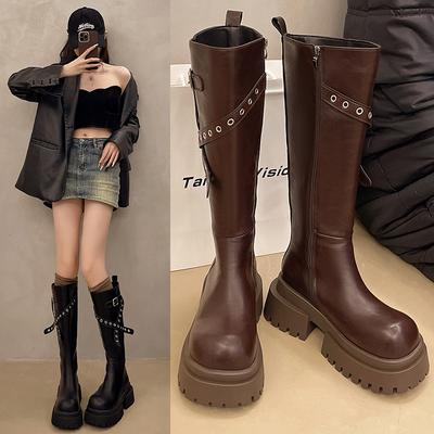 Но женские ботфорты 2025 осень взрыв новинка пряжка ремня красивый увеличивающий рост голенище толстая подошва рыцарские ботинки женские ботинки