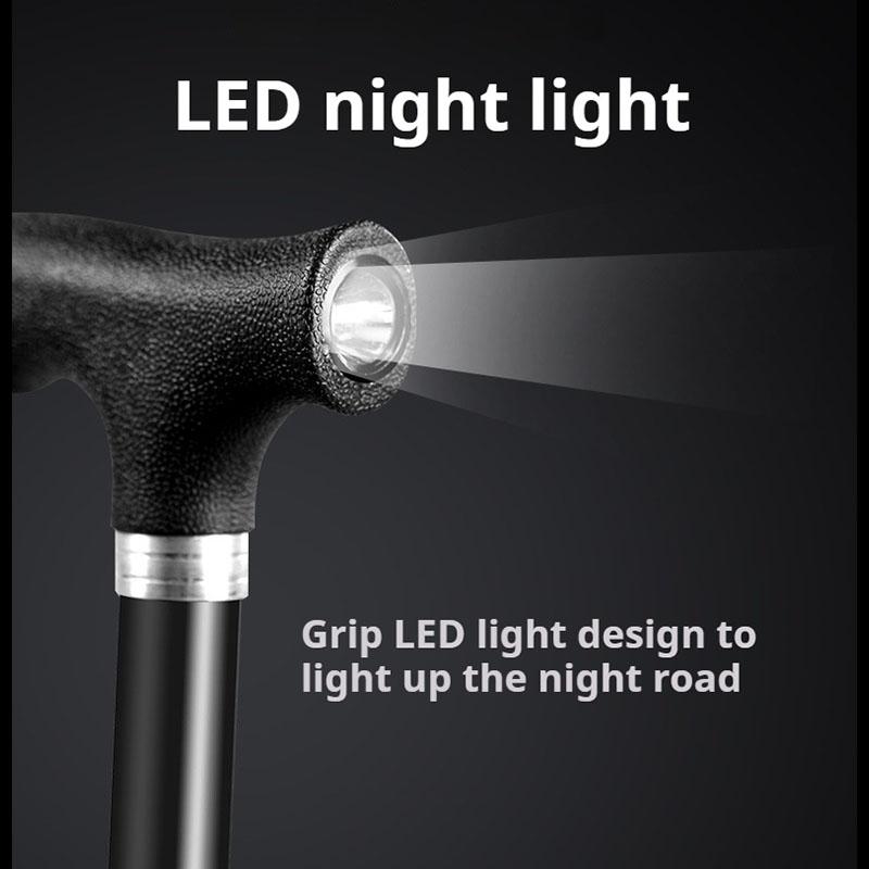 Portable Folding Cane with Seat, LED Light Cane Stool Handy Crutch Chair Seat 3 Legs Height Adjustable Thick Aluminum Walking Stick for Elderly