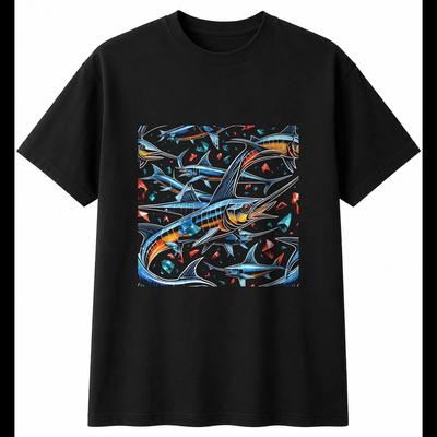 Tattoo Swordfish Shattered Sea Ocean Mens T-Shirt Black 100% Cotton Printed