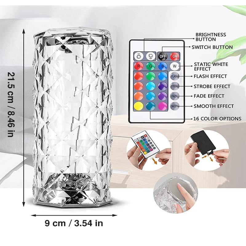 LED Rose Lamp Crystal Table Lamp 3/16 Colors Touch/Remote Diamond Romantic Christmas USB Party Night Light Projector Light