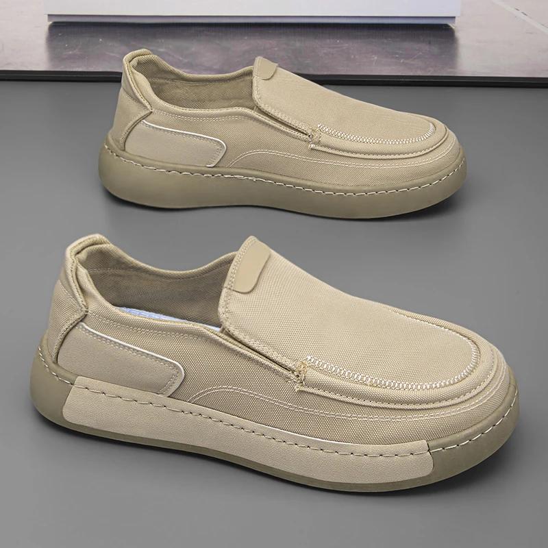 Fashion Men's Beige Canvas Slip On Sneakers - Thick Sole Rubber Sole Minimalist Stitching Casual and Comfortable for Women Hiking Shoe