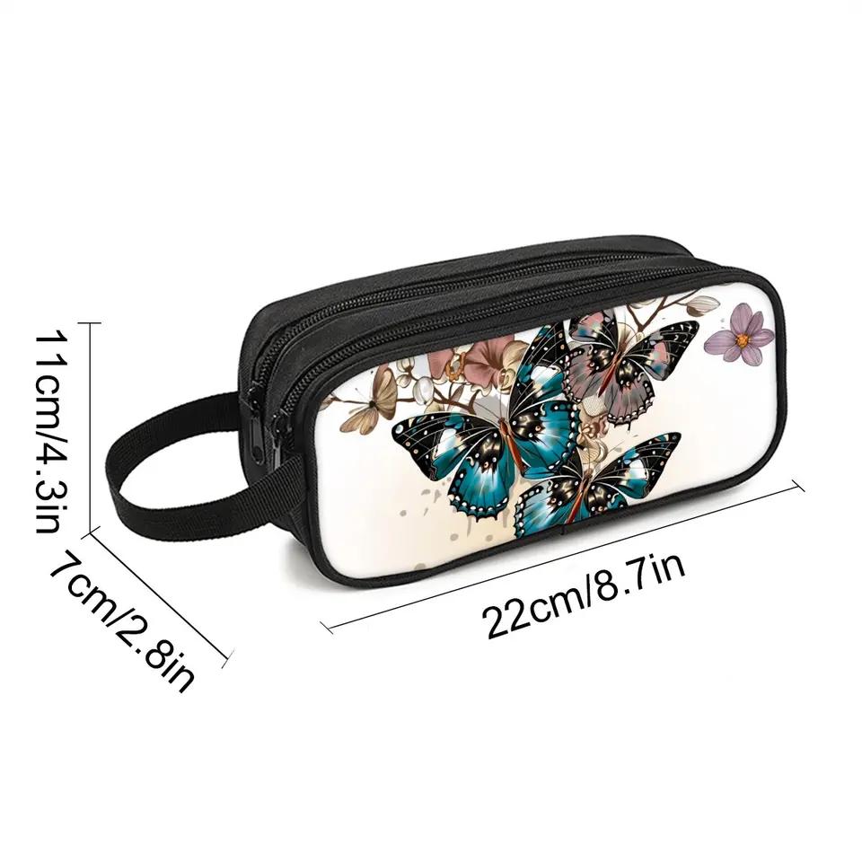 Butterfly Print Double Layered Pencil Case with Handheld for Boy/Girls Best Gift 3D Cartoon School Children