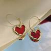 Korea New Sweet Burgundy Enamel Heart Earrings for Women Girl Gold Color Metal Love Romantic Hanging Dangle