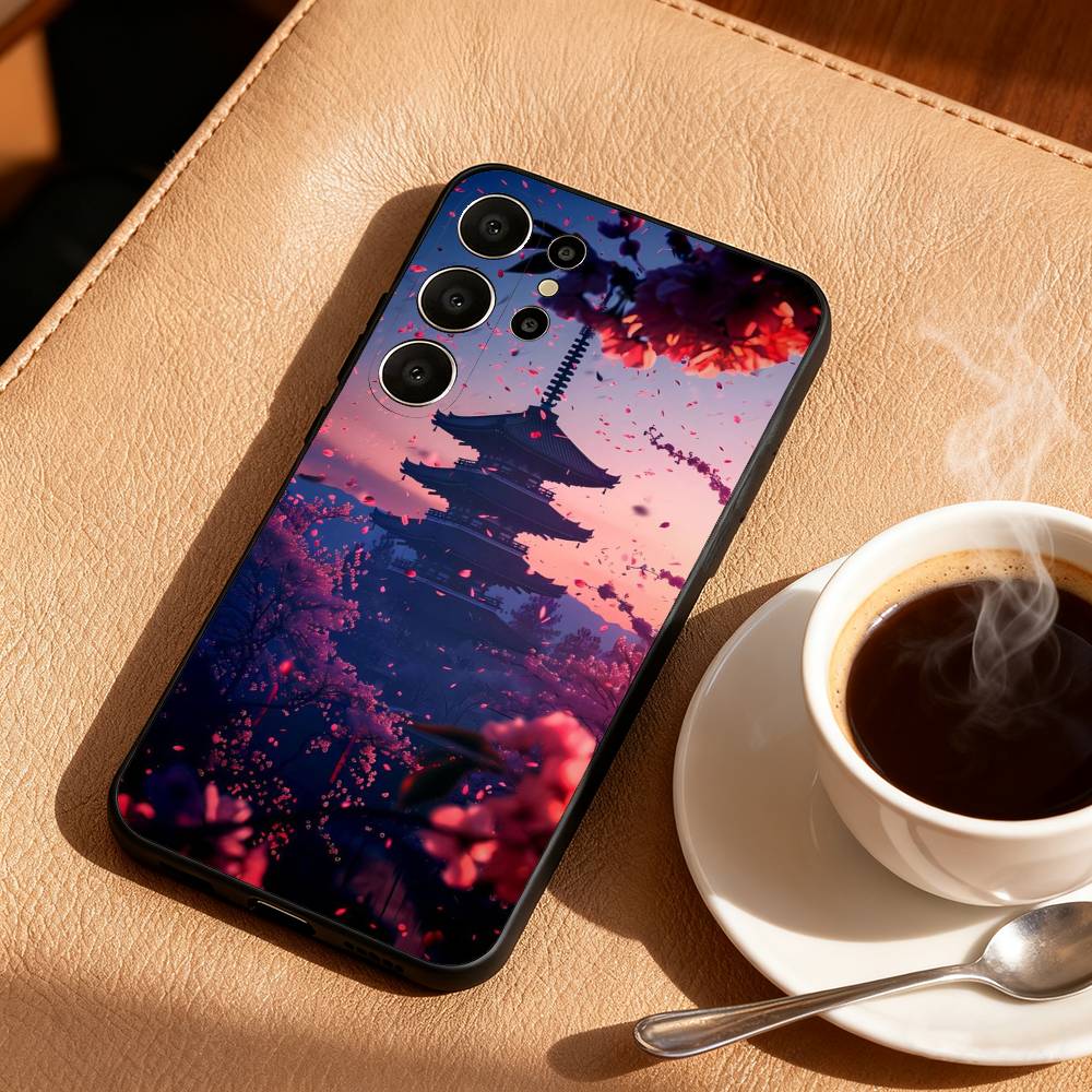 Японские элементы пейзажного искусства Чехол для телефона Для Samsung S26,S25,24,23,22,30,21,10,9,Ultra,Plus,Lite,Черный Мягкий чехол