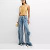 Feather Spliced Washed Jeans Women Baggy Wide Leg Denim Pants Y2K High Waist Fashion Streetwear 2025 Spring Straight Jean Trousers
