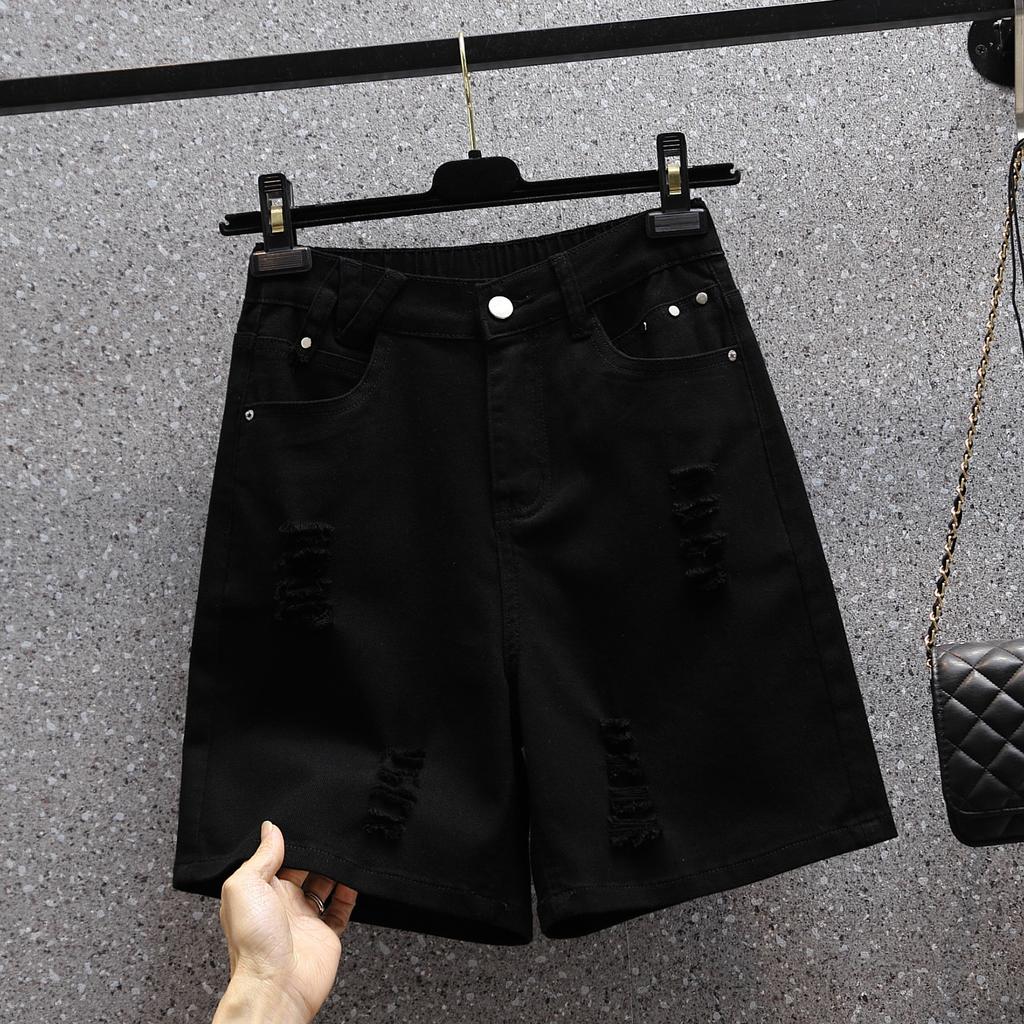 Ladies' Trousers Summer Big Yards Elastic Hole Denim Shorts High Waist Thin Loose Wide Leg Five-minute Trousers