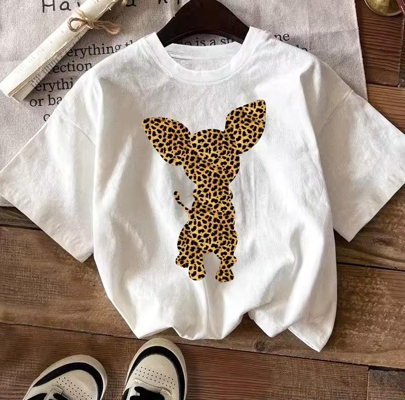 Chihuahua Leopard Print Dog Outline, Printed T-Shirt Short-Sleeve Round Neck Casual Top, for Summer And Spring, Women'S Clothing