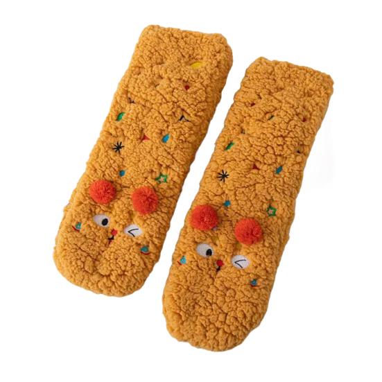 1 Pair Women Socks Cartoon Pattern Thickened Warm Knitting Socks Non-Slip Plush Pilling Resistant Floor Socks