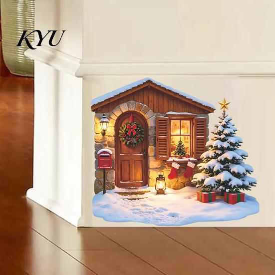 Christmas Wall Decals Winter Cottage Sticker, Self Adhesive PVC Waterproof Decal for Holiday Home Eco Friendly Room Art Decor, Realistic Snowy Wooden
