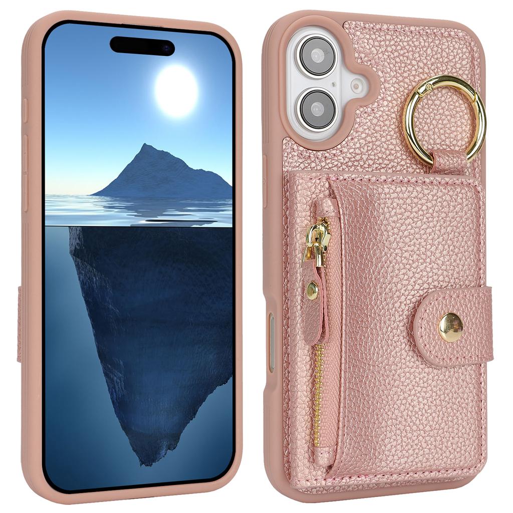For iPhone 16 Case Litchi Texture PU Leather + TPU Zipper Wallet Kickstand Phone Cover