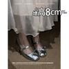 Sheepskin~ Invisible Inner Height Increase 8.5CM Small Man with Bow Mary Jane Shoes Silver Thick Heel Single Shoes Women