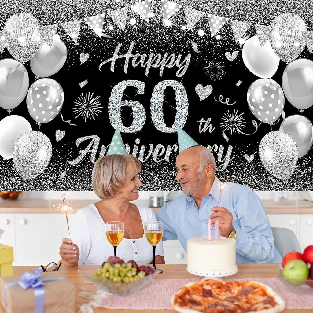 Happy 60th Anniversary Banner Decor Black Silver – Glitter Love Heart Happy 60 Years Wedding Anniversary Party Backdrop Theme Decorations for Women