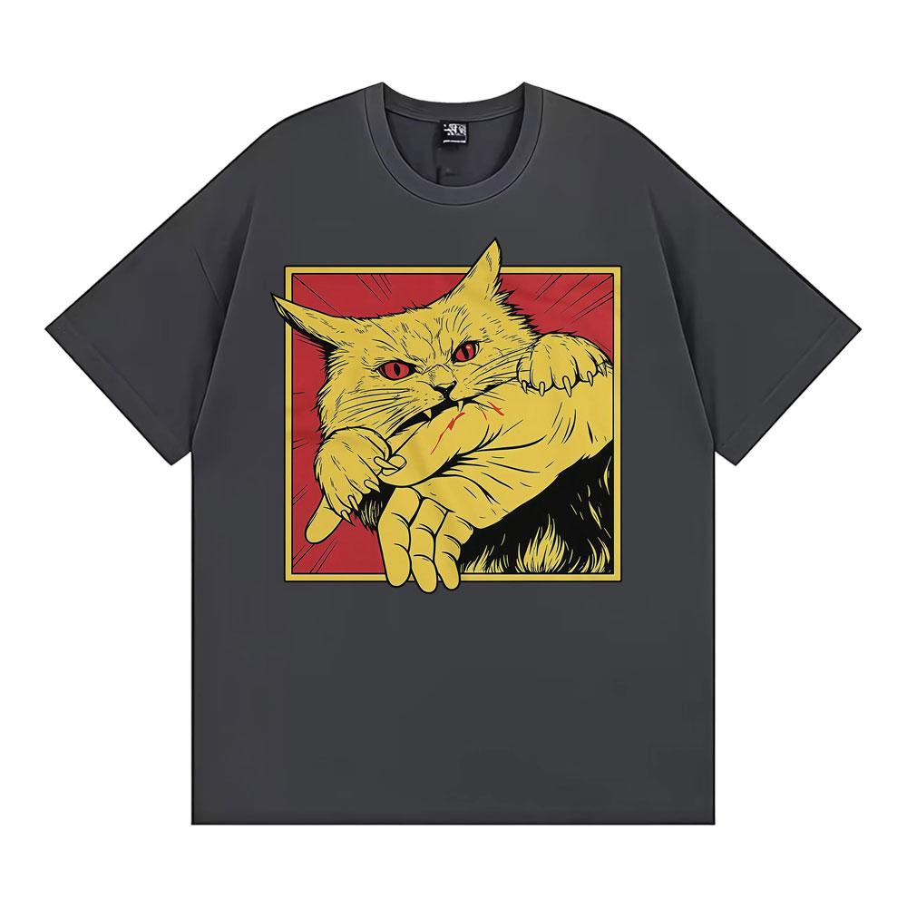 Angry Cat Biting Hand Funny Meme Tee Shirt Unisex Fashion Vintage Oversized T Shirt Men Summer Tops High Quality Cotton T-shirts