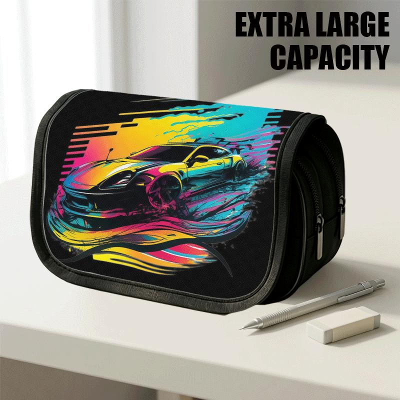 1pc Large Capacity Flip-Top Pencil Case Suitable for School & Office, Thickened Oxford Pencil Bag with Double-Layer Zipper & Retro Car Neon, Multifunc