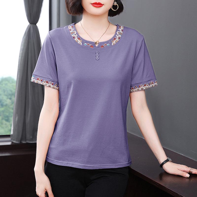 Вышитая летняя повседневная футболка с коротким рукавом для женщин среднего возраста