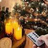 Homemory Flickering Flameless Battery Operated Acrylic LED Pillar Candles with Remote Control and Glass Set of 3 Candles, Timer, Effect, White,