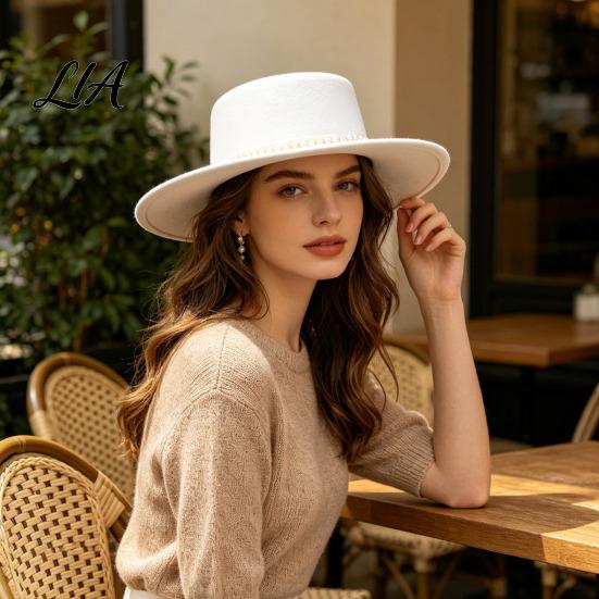 Luxury Faux Pearl Trimmed Hat Wide Brim Wool Felt for Women, Vintage Flat Top Fedora Wedding Guest Fashion with Trim, Elegant Winter Cap Autumn