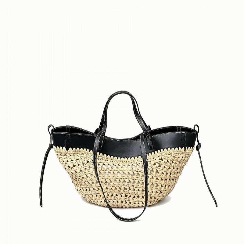 Womens Woven Straw Bucket Bag With Cutout Design Medium Size Leather Handbag Beach Office Travel