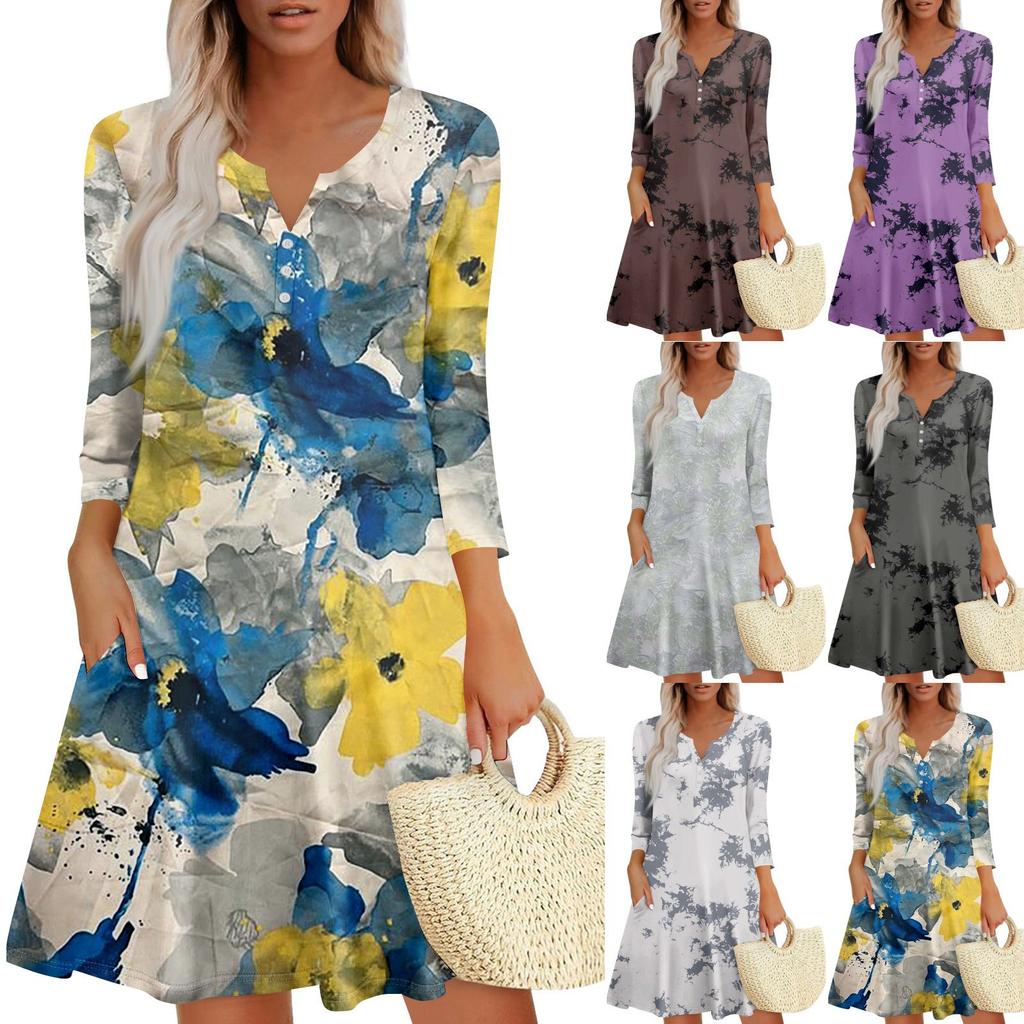 Women's Summer Dress Loose V Neck Three-quarter Sleeve Sundress With Pockets Dress