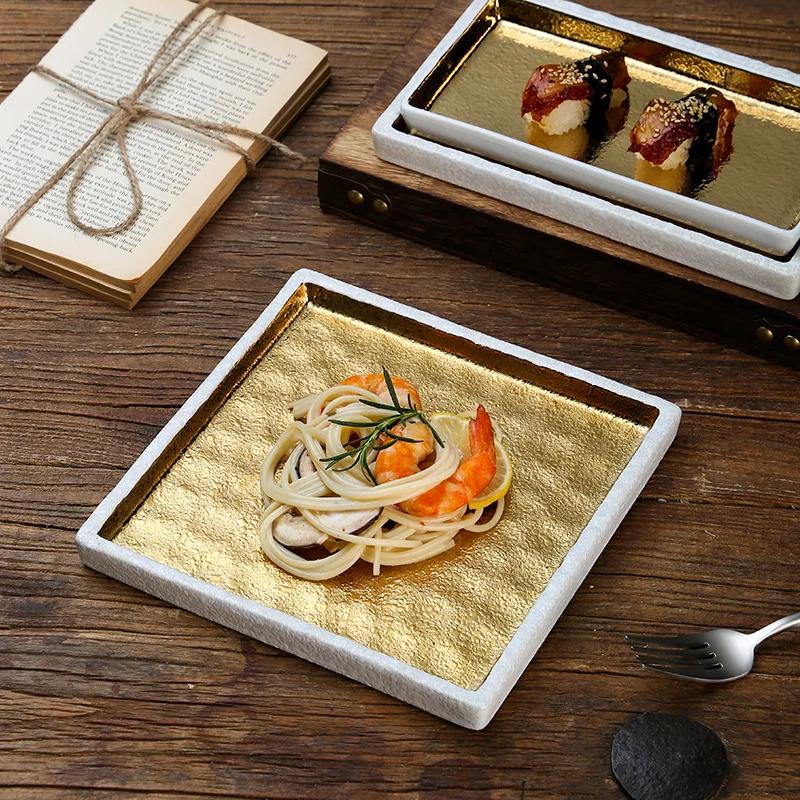 1Pcs Japanese Sushi Plate Gold-plated Ceramic Tableware Creative Steak Plate Roast Bird Barbecue Premium Sense Tray
